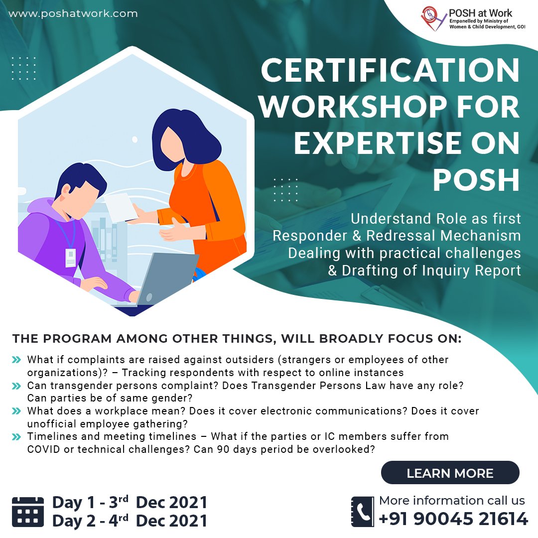 poshatwork's tweet photo. Certification Workshop for Expertise on POSH – 3rd & 4th Dec 2021
Email : connect@poshatwork.com
Call : +91 9004521614
#PoshatWork #Poshlaw #Poshact #Poshcertification https://t.co/b2MS0Ix2Q0