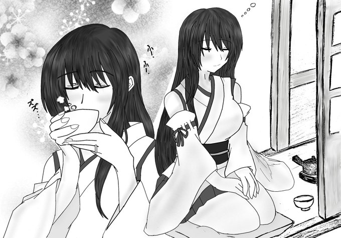 縁側でお茶してる扶桑 