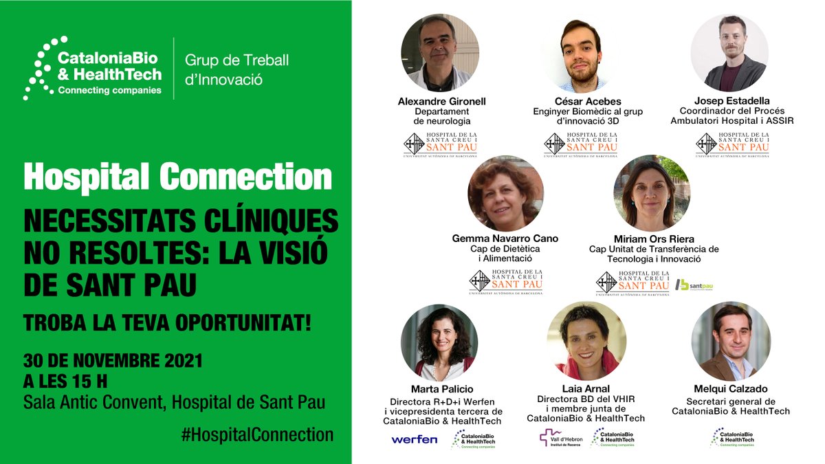 CataloniaHealth's tweet photo. 🟢 Last day to join the #HospitalConnection with @HospitalSantPau @IIBSantPau!
Come and learn the unmet clinical needs that require the development of new technologies and joint hospital-company solutions 👉 https://t.co/Mgn5xsV6GI
#WeAreCataloniaBioHT #innovation https://t.co/yYD4k6ED9R