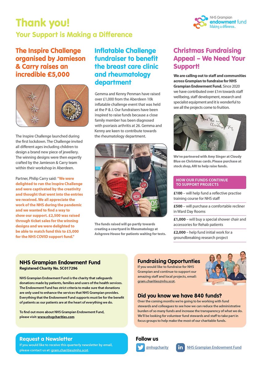 It is always a pleasure to share news on the projects we fund <a href="/NHSGrampian/">NHS Grampian</a>. We also love to put the spotlight on some of our wonderful fundraisers including the Inspired Challenge organised by  <a href="/JamiesonCarry/">Jamieson & Carry</a> that helped raise £5,000! A huge thanks to all! 💙 #community #grampian