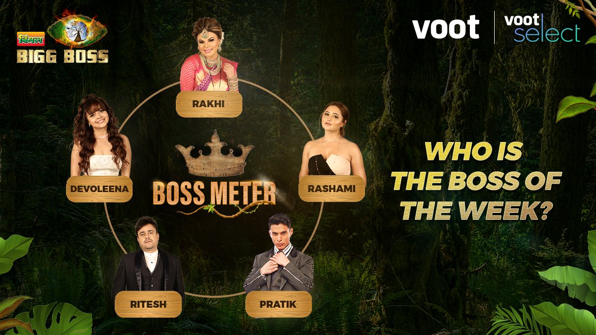 justvoot's tweet photo. Aa gaye hain wildcards ghar mein aur boss meter par toofan laane! Kya woh Pratik ka title chheen lenge? Vote for your favourite contestant using their special hashtag:

👉🏽 #RashamiIsTheBoss
👉🏽 #DevoleenaIsTheBoss
👉🏽 #RakhiIsTheBoss
👉🏽 #RiteshIsTheBoss
👉🏽 #PratikIsTheBoss https://t.co/qkfmcTReNw