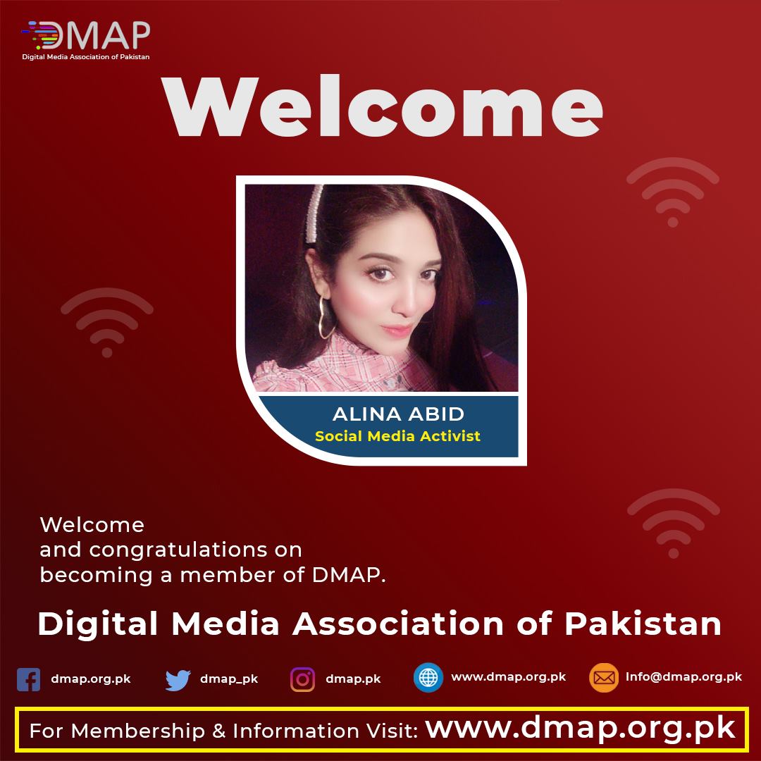 dmap_pk's tweet photo. We warmly welcome and congratulating to
ALINA ABID on becoming a member of the Digital Media Association of Pakistan.
Just visit https://t.co/PzCFglv7qJ and become a member of the Digital Media Association of Pakistan.
Contact us for more details:
0317 1714 356
info@dmap.org.pk https://t.co/TiB8SR3Z4X