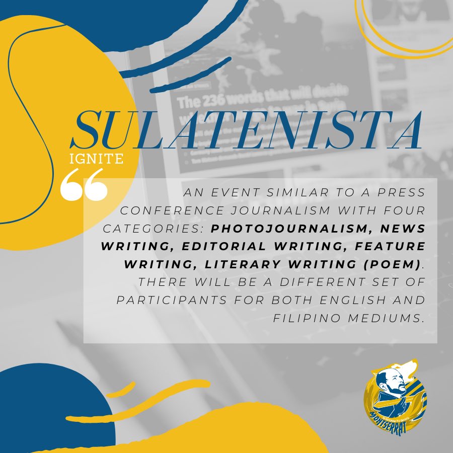 ashsmontserrat's tweet photo. Are you up for exhibiting your outstanding creativity in writing? ✍🏼 Then, Sulatenista might just be for you! 🤩📜🖊
Register here: https://t.co/5z3pefdBAP
Contact Jeica Liray if you have any questions! 💌
#BanatMontserrat💛
#WhoLetTheWolvesOut⁉️
#SecureTheCrown👑 https://t.co/uJs61BqcXo