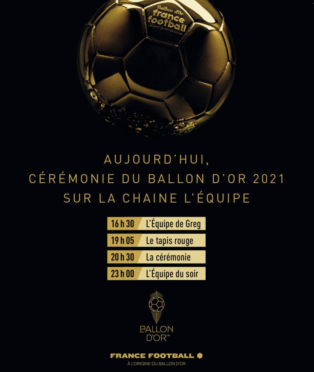 Ballon d'Or #ballondor on Twitter: "Pour nos followers Français souhaitant  suivre la cérémonie du Ballon d'Or 2021 👋🇫🇷 Voici le programme de la  journée avec @lachainelequipe ⤵️ #BallondOr https://t.co/pH6mgF3xb3" /  Twitter