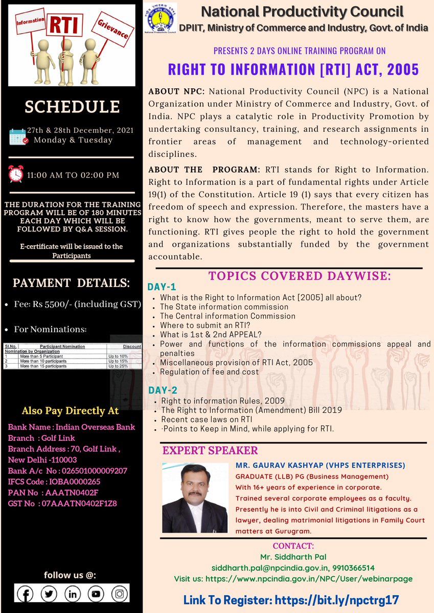 ONLINE TRAINING PROGRAM ON "RIGHT TO INFORMATION [RTI] ACT, 2005"
Register Now:-npcindia.gov.in/NPC/User/webin…
Contact:-siddharth.pal@npcindia.gov.in, 9910366514
Date:-27th &amp; 28th December, 2021
Monday &amp; Tuesday
Fee:-: Rs 5500/- (including GST)
#RTI #Npcindia #npc #ACT #2005