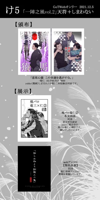 12/5ツwebオンリーのお品書きです、よろしくお願いします～。頒布と展示です!
#一陣之風1205 