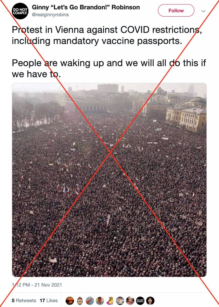 AFPFactCheck's tweet photo. Photos can easily be taken out of context on social media

This picture shared as a recent protest against Covid restrictions in Vienna was actually taken in 1991 at a demonstration in Moscow https://t.co/F87wcU5BGb https://t.co/UFdQNVeEtB
