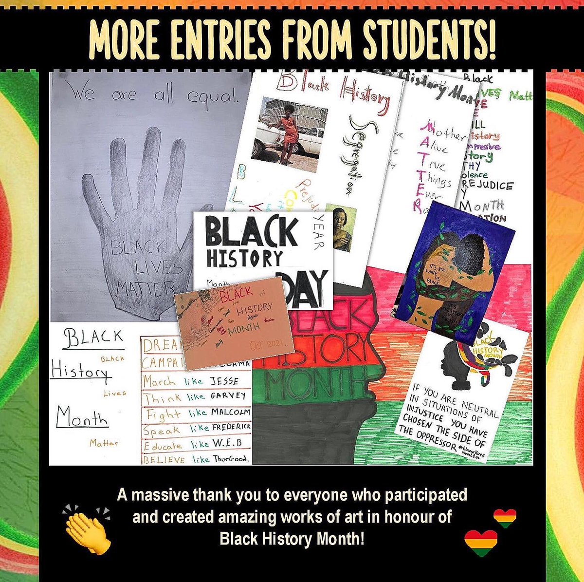 Last month we held an art competition for Black History Month! 

We are proud to present the results - swipe through to see the artwork students submitted in honour of Black History Month! 

A massive thank you to everyone who got involved! 👏 

#blackhistorymonth2021