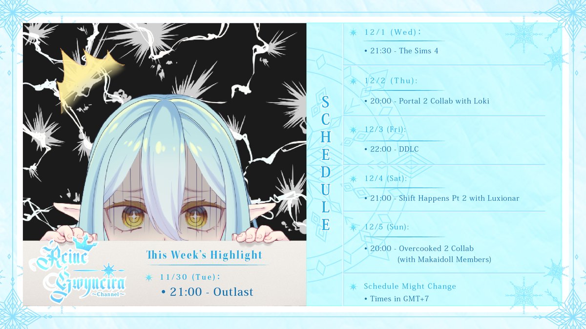 ReineGwyneira's tweet photo. This week's Schedule~ (might change)
Youtube: https://t.co/1xCtuzu9Dp
🍦https://t.co/WV88OQWYCH
🍫 https://t.co/pAtyEtJ2Yy
Tags:
❄ General: #ReineGwyneira
❄ Live: #Reライブ
❄ Gameplay: #Reプレイ
❄ Fanarts: #Reinesans
❄ Meme: #Reimeme
❄ Fanmarks: 🐧💠
#Vtubers https://t.co/TNpoCTYs8q