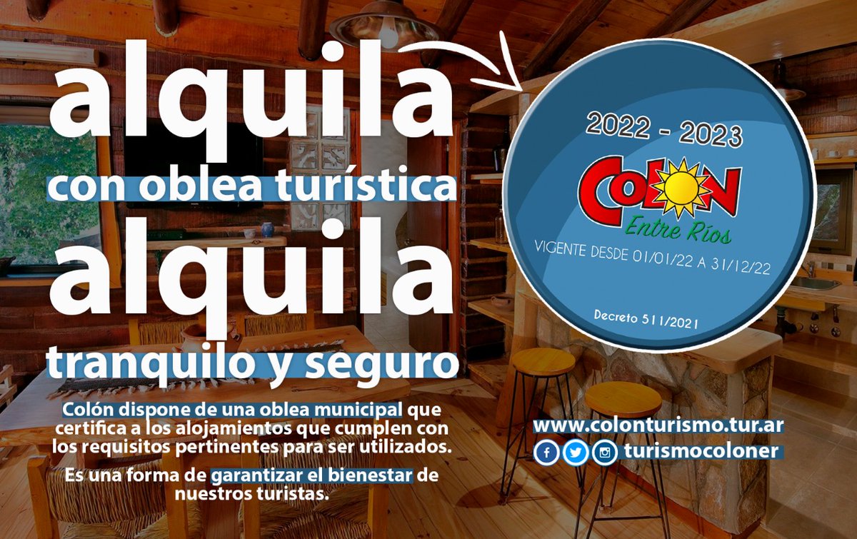 turismocoloner's tweet photo. 🏡 #ALQUILÁ con oblea turística, ALQUILÁ tranquilo y seguro.
👉🏻 EVITÁ ESTAFAS consultando la lista oficial de alojamientos disponibles en nuestra web, https://t.co/2vLkSaDmq4, o consultanos en las redes sociales.
#alquilaseguro #verano2022 #veranocolon https://t.co/8IpWjxlIEh