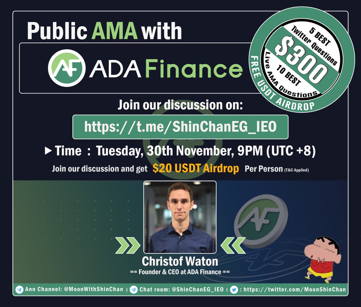 ActaFi's tweet photo. AMA | ADA Finance x @ShinChan! 🚀

📆30th November
⏰09.00 PM (UTC+8) 
🎁300$ Rewards!

Join: https://t.co/jtySfS0BBy
Join: https://t.co/y7ghIMtpNK
Timer: https://t.co/fbr2yZQM7u

Like, RT, Tag 3 people &amp; ask your questions 5 Best Qs will be selected by Team!

#AMA #ADA #AVAX https://t.co/8177CfuGGc