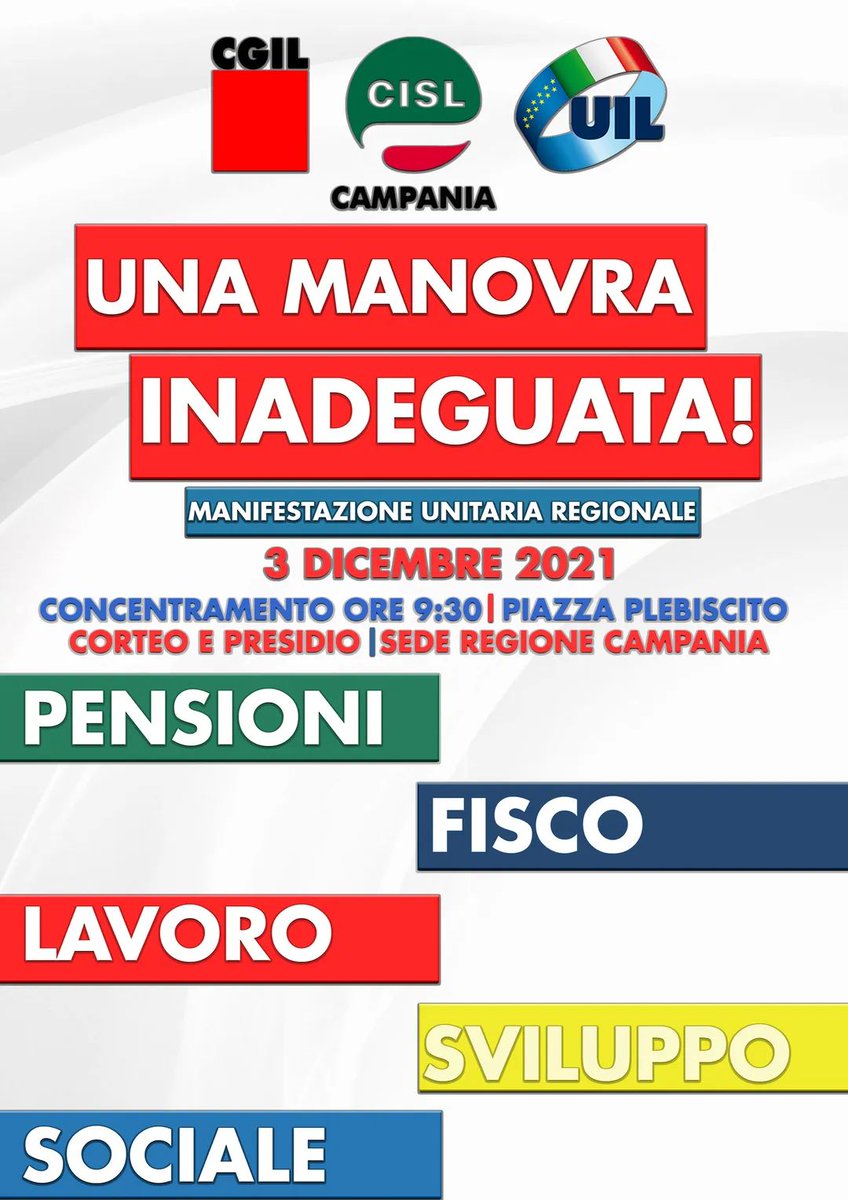 🟥🟩🟦 #UnaManovraInadeguata Il 3 dicembre #CgilCislUilCampania in piazza a #Napoli. Corteo da piazza Plebiscito alla sede <a href="/Reg_Campania/">Regione Campania</a>. 
Ad annunciarla i segretari generali <a href="/nicolaricci_na/">Nicola Ricci</a>, #DorianaBuonavita e <a href="/sgagio/">giovanni sgambati</a>. 

Per approfondire
👉 bit.ly/31daVzu