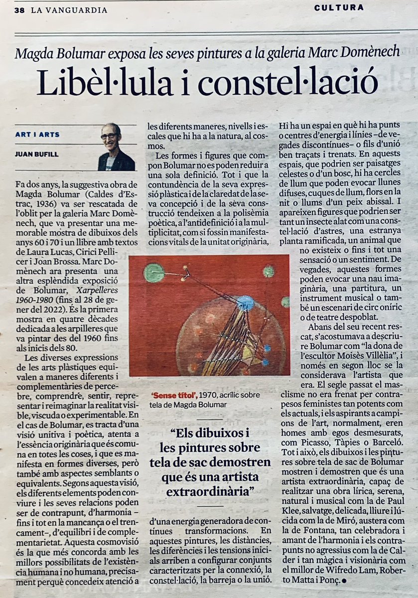 galeriadomenech's tweet photo. “Les formes i figures (…) no es poden reduir a una sola definició. Tot i la contundència de la seva expressió plàstica i de la claredat de la seva concepció i de la seva construcció, tendeixen a la polisèmia poètica…” (#JuanBufill)

#MagdaBolumar 
via @LaVanguardiaCAT #ArtiArts https://t.co/wYY0tZCoAY