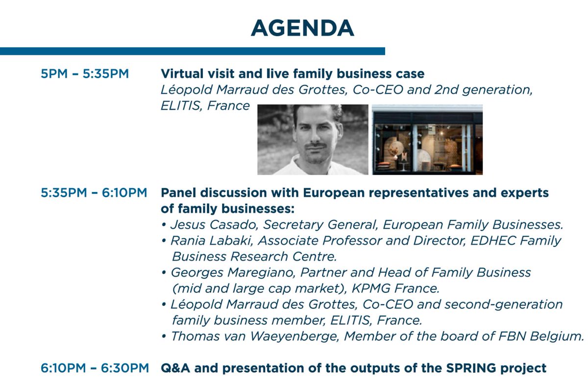 EUSPRINGProject's tweet image. Save the date: December 3rd from 5 to 6.30 PM CET
An online event brought to #familybusiness stakeholders by @EuropeanFBs and @EDHEC_fbc as part of the @EUSPRINGProject, funded by the European Commission!
Registration (Limited seats) : lnkd.in/erBEM55p