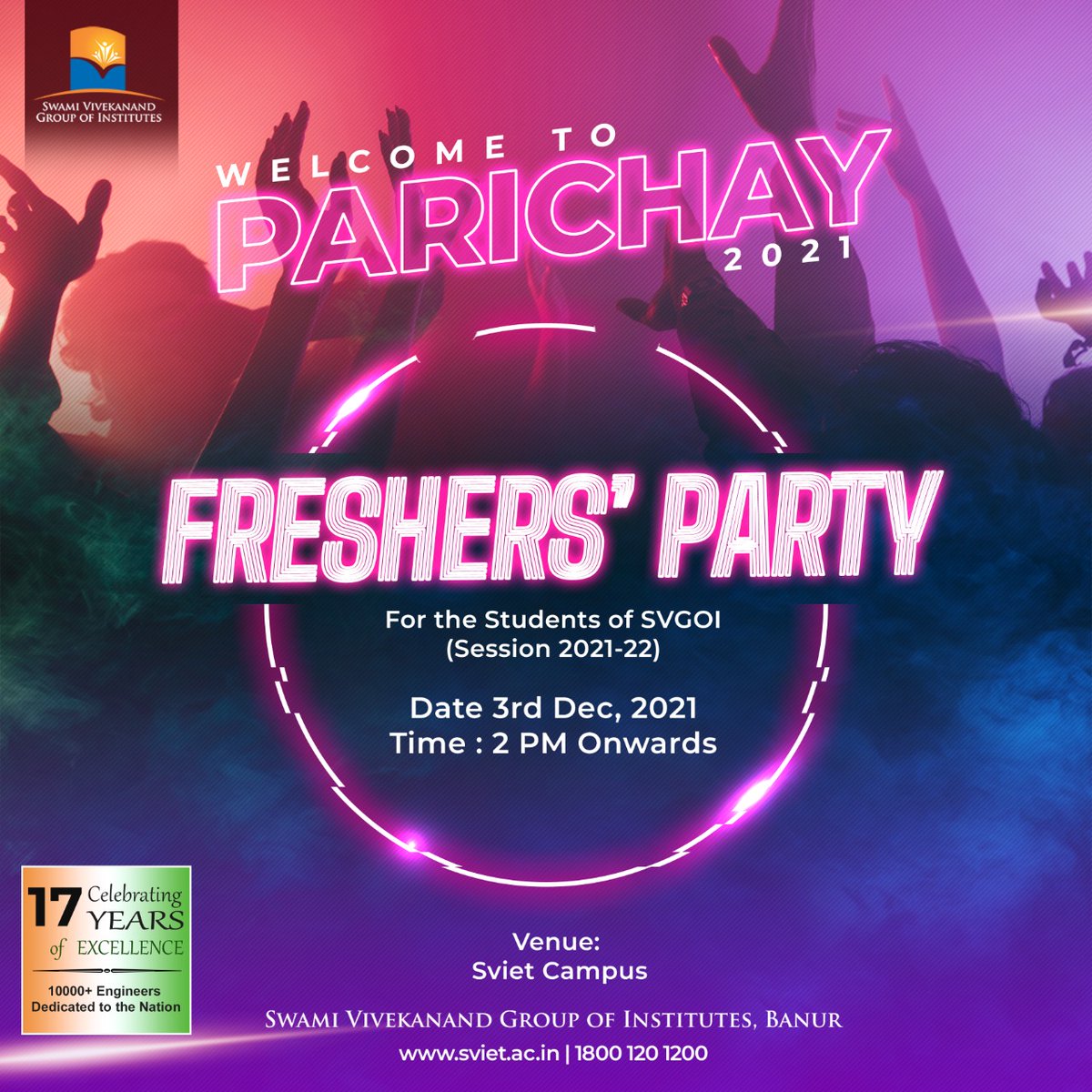 svietofficial's tweet image. SVGOI, Banur is going to organize an event Parichay- Freshers Party 2k21. The event details are as below:
Date: 3-12-2021
Time: 2 PM onwards
Venue: SVIET Campus
#FreshersParty2021 #parichay2021 #AreYouReady #Sviet #SVGOI #Entertainment #Chandigarh #Punjab #campuslife #staytuned