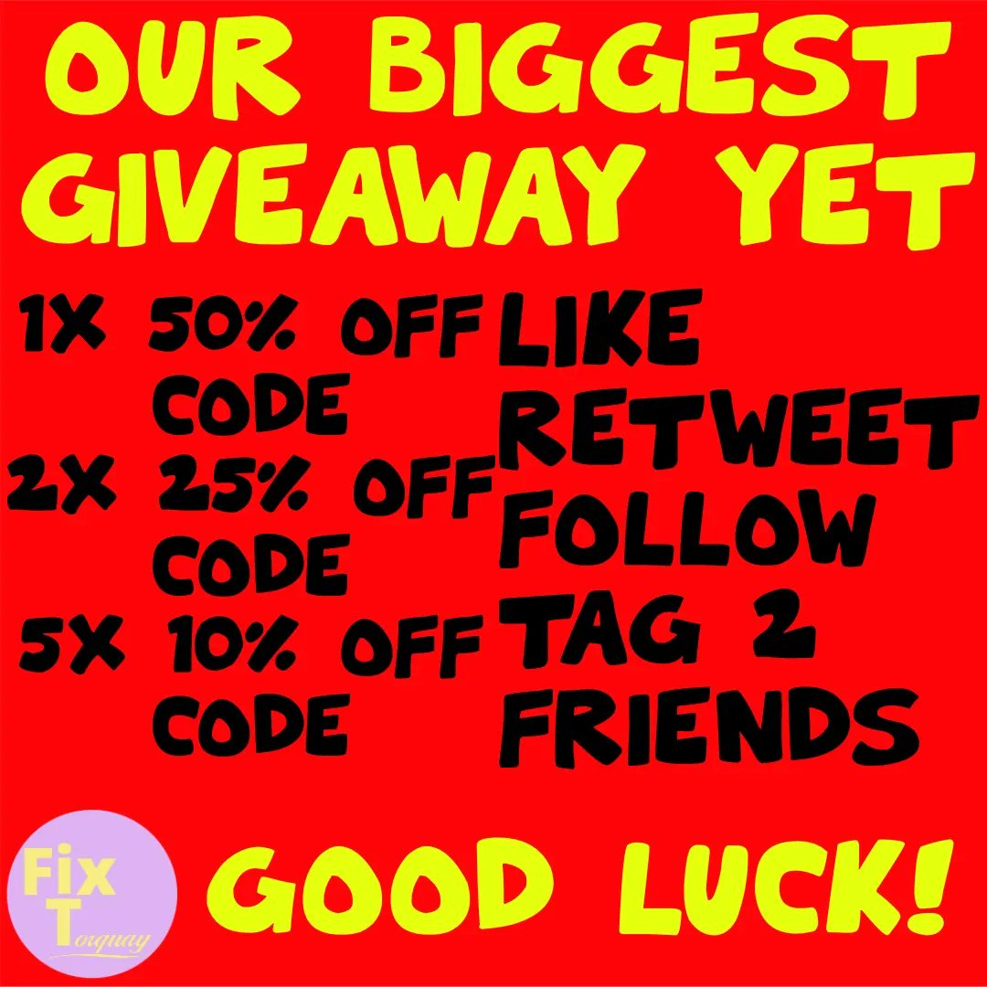 TorquayFlxIt's tweet photo. OUR BIGGEST #GIVEAWAY YET!
1x 50% Off Code
2x 25% Off Codes
5x 10% Off Codes
ALL YOU HAVE TO DO TO ENTER IS:
❤️ Like
🔁 RETWEET
▶️ TAG 2 FRIENDS
#Giveaway #ComputerRepair #FixComputers #NearMe #TechnologyFix #Torquay https://t.co/SOoTD9mLNp