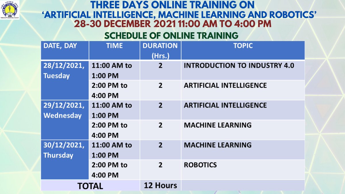 ONLINE TRAINING ON ‘ARTIFICIAL INTELLIGENCE, MACHINE LEARNING AND ROBOTICS’
Register Now:-npcindia.gov.in/NPC/User/webin…
Contact:-ak.srivastava@npcindia.gov.in; 9793396788
Date:-28-30 DECEMBER 2021 
Fee:-Rs. 5664/- incl. GST
#Artificial #Intelligence #Machine #Learning #Robotics #Npc