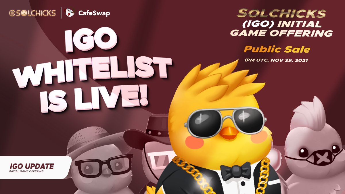 #IGO Update!
😎Whitelisting of the <a href="/SolChicksNFT/">SolChicks</a> IGO on #CafeSwap has been successfully completed!

⚡️The list of whitelisted address for the <a href="/SolChicksNFT/">SolChicks</a> is live!

🥳Find your wallet address below
👇
bit.ly/3xyyuPp

♥️Thank you all for taking part in this event!
