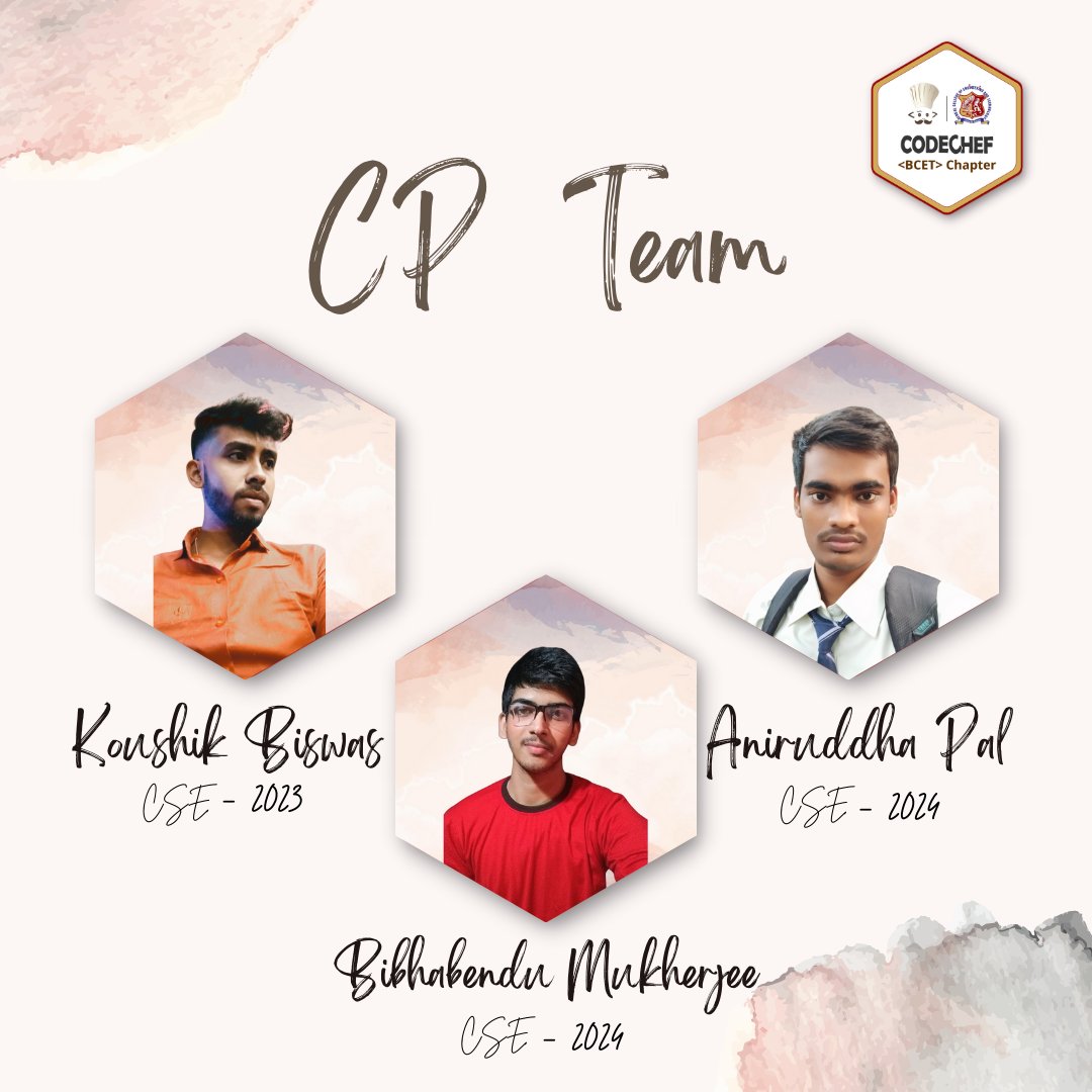CodeChefBCET's tweet image. The strength of the team is each individual member. The strength of each member is the team. Meet our new CP Executives on the Team...🎉
#CodeChef #CodeChefChapters #CodeChefCollegeChapters #CodeChefChapterLeaders #codechefbcetchapter #codechefchapters #programming