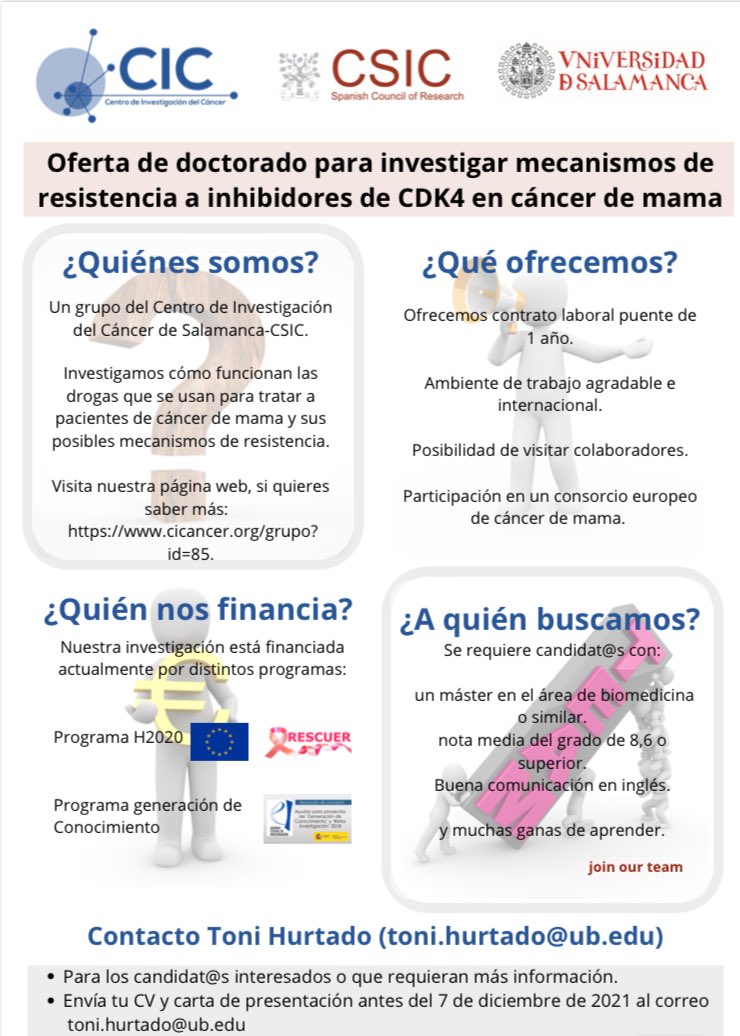 ToniHurtado8's tweet photo. Quieres hacer un doctorado en resistencia a inhibidores de CDK4/6? Todavía hay tiempo para someter aplicaciones. Para más información contáctanos. https://t.co/YkdjdSZZP9