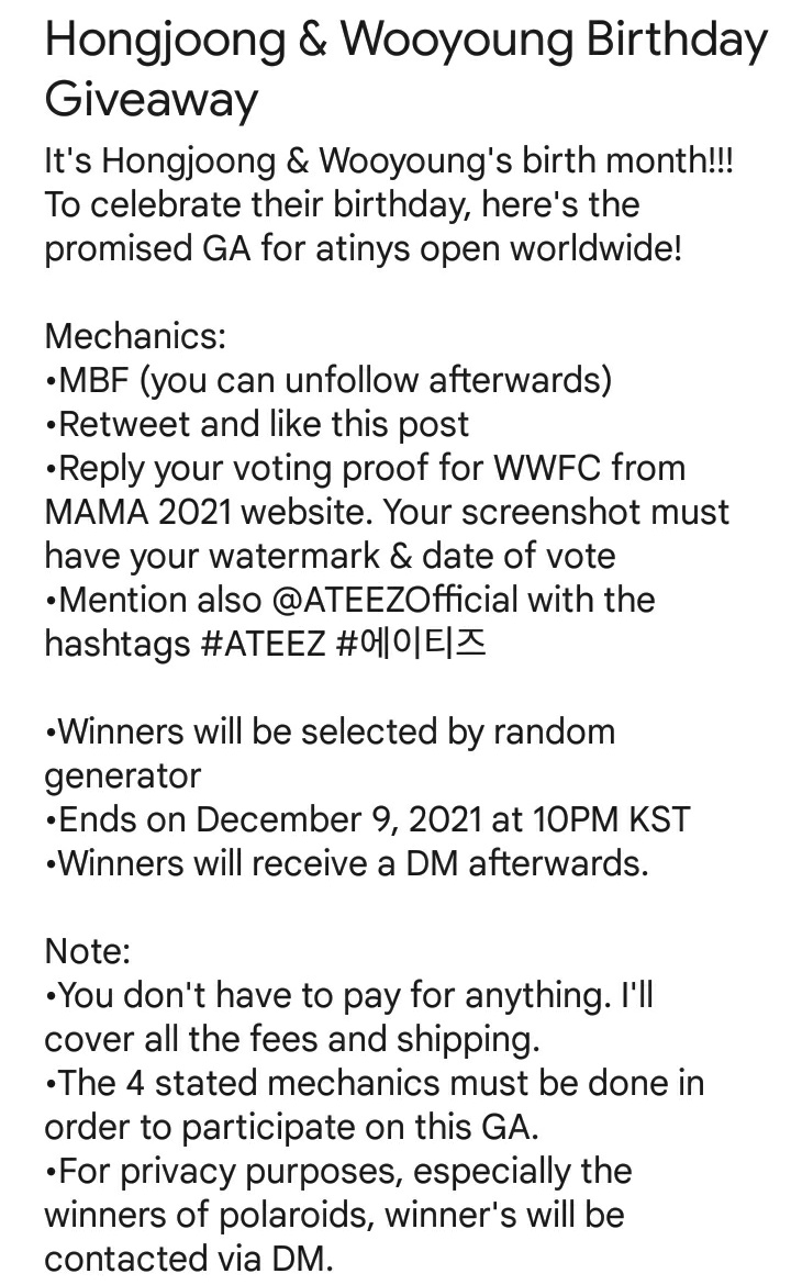 ateezoology_'s tweet photo. #ATEEZ Hongjoong &amp; Wooyoung Birthday Giveaway!

open ph &amp; ww
mechanics on photo

Prizes
1 undisclosed signed HJ polaroid (all to action)
1 undisclosed signed WY polaroid (all to action)
1 winner of 117 php gcash
1 winner of 126 php gcash

@ATEEZofficial #에이티즈 https://t.co/PhhNJoay1b