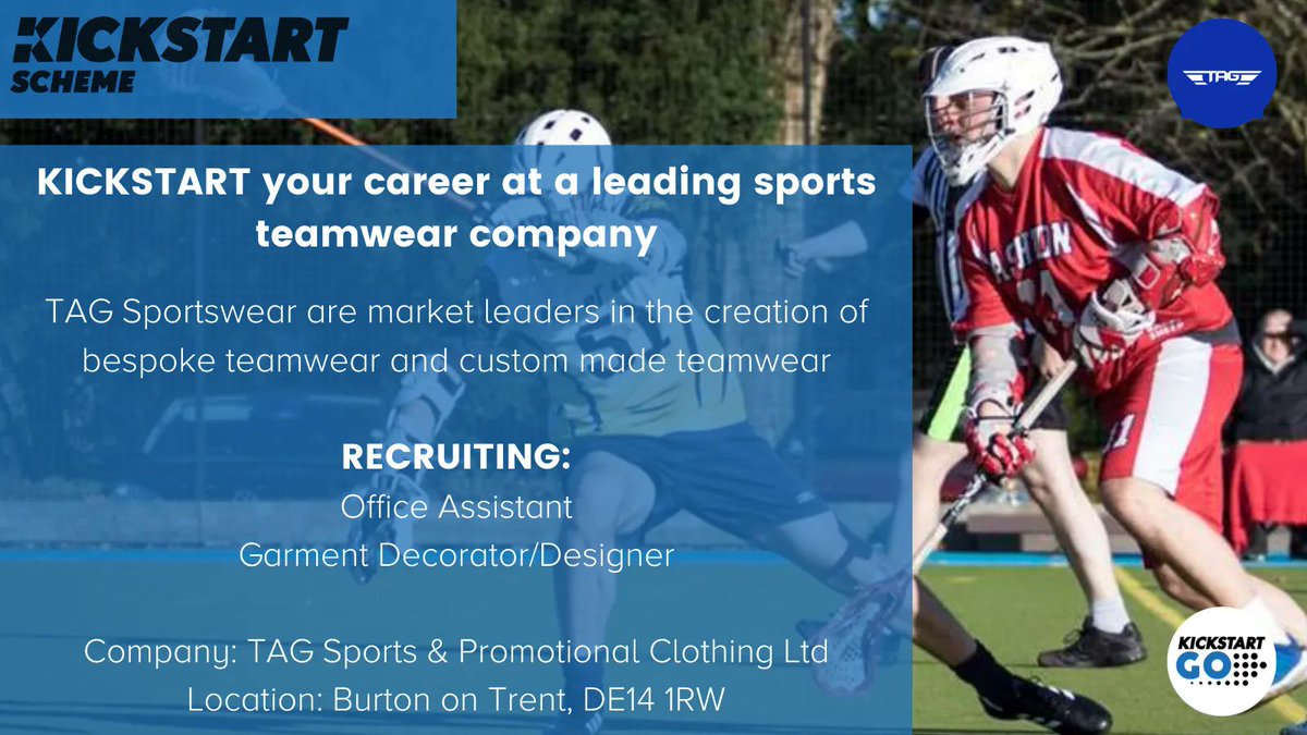 #Kickstart your career at one of the UK's leading teamwear manufacturing companies <a href="/TAGSportswear/">TAG Sportswear</a> ⚽️🏉🏈🏑 

✅ Office Assistant: buff.ly/3E1fxYO

✅ Garment Decorator/Designer – Printing, Embroidery &amp; Engraving buff.ly/3hcZopi

@JCPInDerby #BurtonJobs