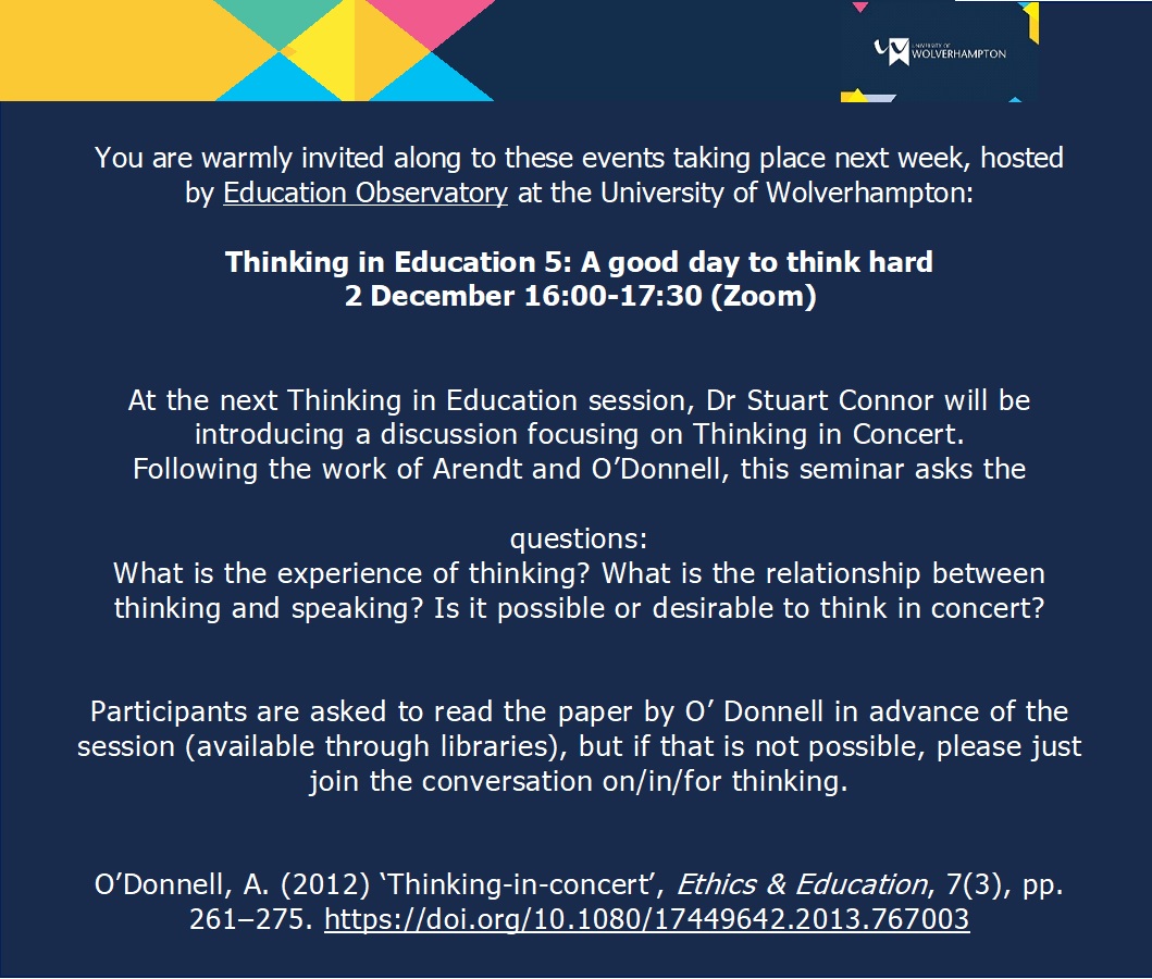 UoWFEHW's tweet photo. Come and join the @UOWEdObs for their Thinking in Education 5: A good day to think hard event, taking place on the 2nd December.
To register for this event please use the following link 👉https://t.co/lLBgMdicGO
@wlv_uni @UoWFEHW @wlv_alumni #UniversityofWolverhampton #FEHW https://t.co/6EQQlfbNgQ