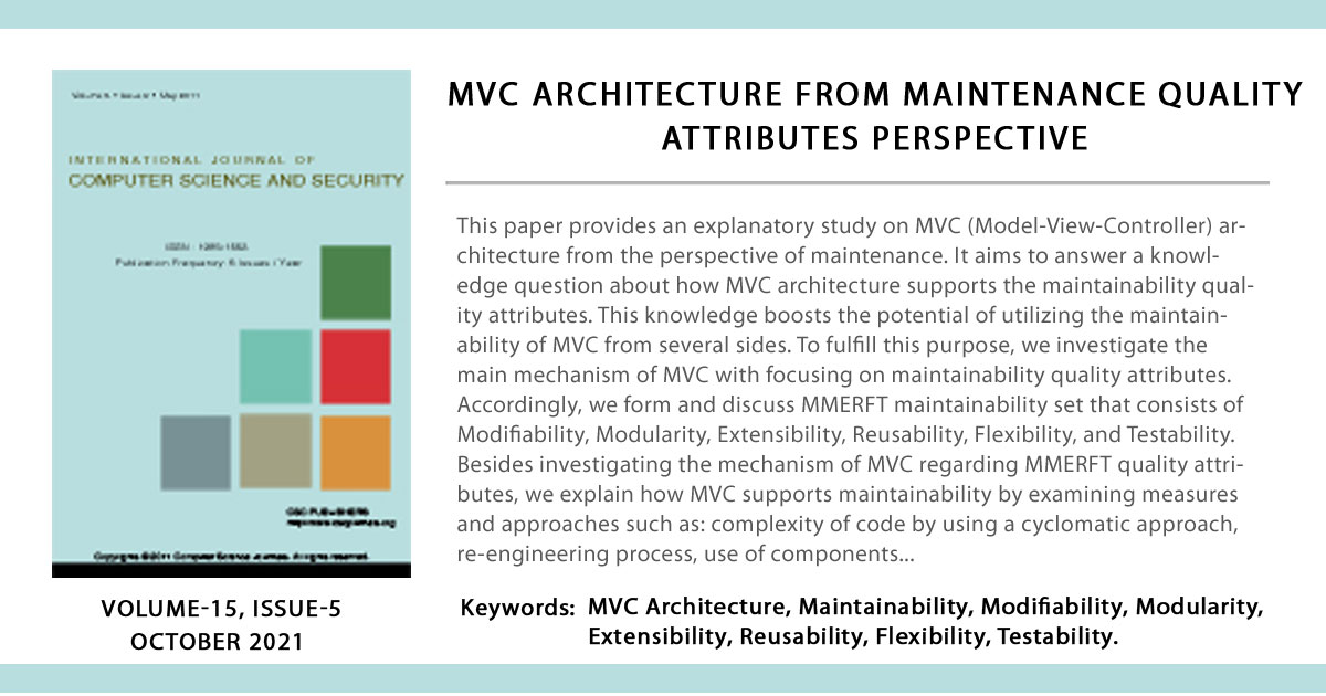 'MVC Architecture from Maintenance Quality Attributes Perspective'
cscjournals.org/library/manusc…

Dr. Safia Nahhas - King Abdulaziz University, Saudi Arabia

#MVCArchitecture, #Maintainability, #Modifiability, #Modularity, #Extensibility, #Reusability,Flexibility,Testability