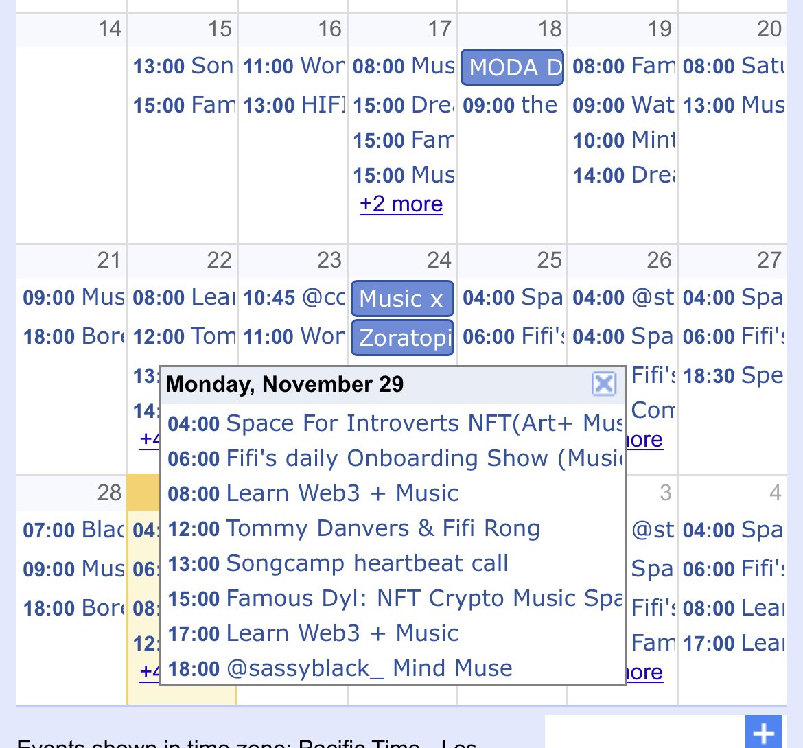 I created a music web3 community calendar for live convos on Spaces/Discord a few wks ago. 

If you’re trying to learn, jumping in here is a great place to start. 

Find something that looks interesting &amp; then just click on it to find more details. 

calendar.google.com/calendar/embed…