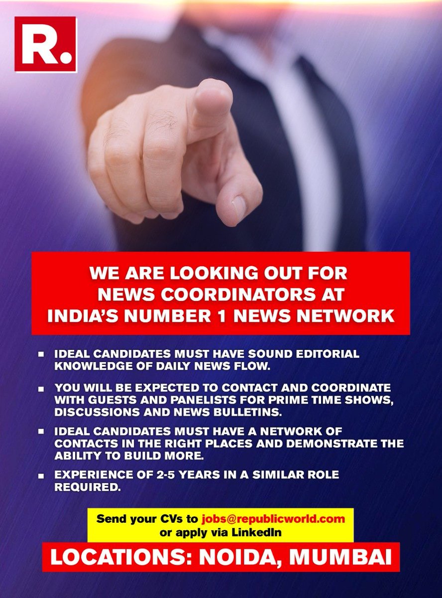 IndMediaSurvey's tweet photo. #MediaOpenings: India’s number one News Network is looking for news coordinators. Positions open in our Mumbai and Noida offices. Send CVs to jobs@republicworld.com or apply via LinkedIn! https://t.co/Xnd6CcAp61