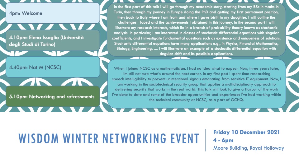 We are excited to announce our Winter Networking Event: Friday 10 Dec @ 4-6pm! Two great speakers followed by networking over refreshments. For more info, email wisdom@rhul.ac.uk