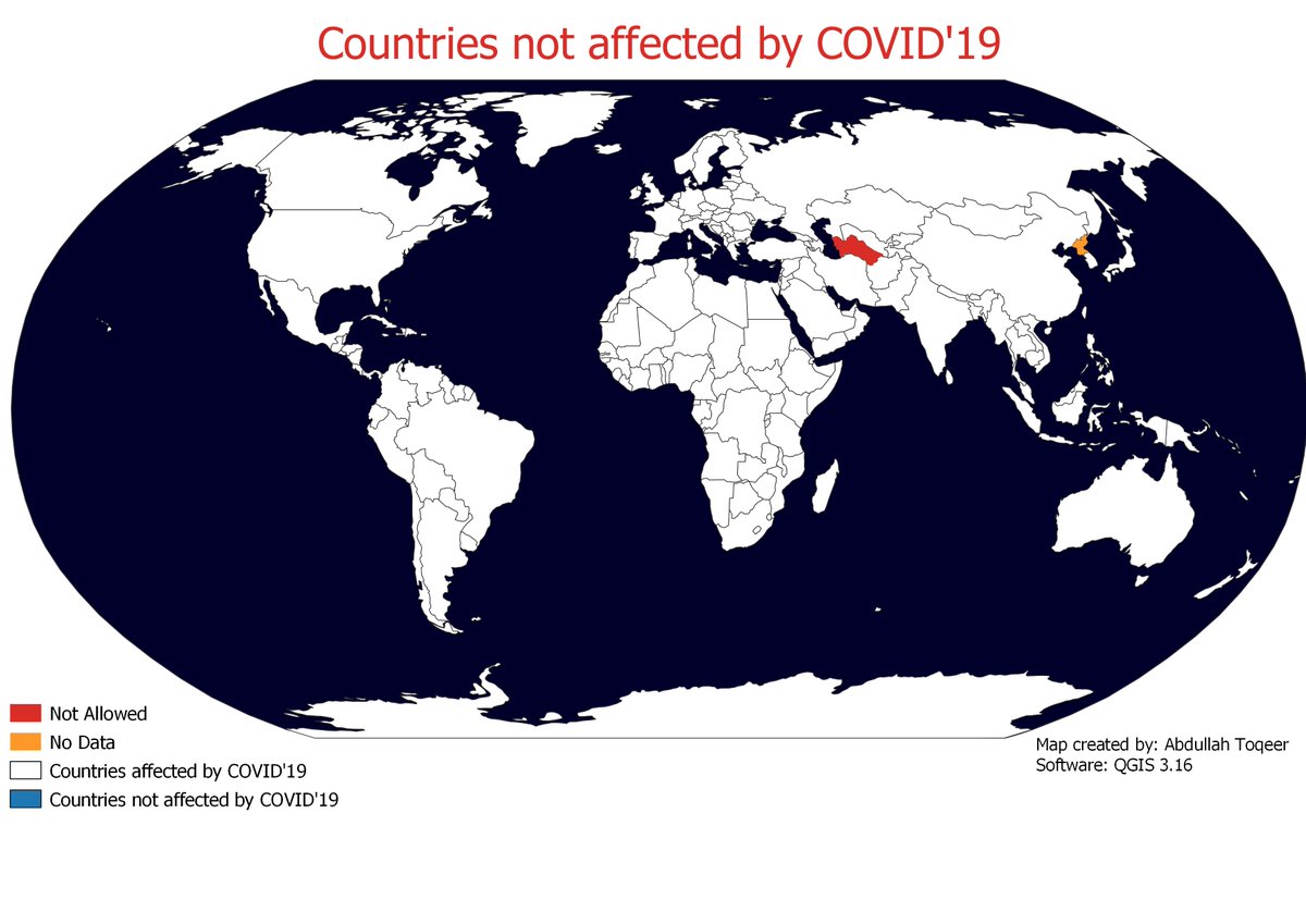 Day 29. NULL: Countries not affected by COVID'19. Any guesses about countries marked in orange and red🤔?
NB! Covid'19 new variant "omicron" is very harmful and spreading fast. Get vaccinated and stay safe 😷
<a href="/GemMsc/">GEM MSc</a> 
#30DayMapChallenge #Covid_19
