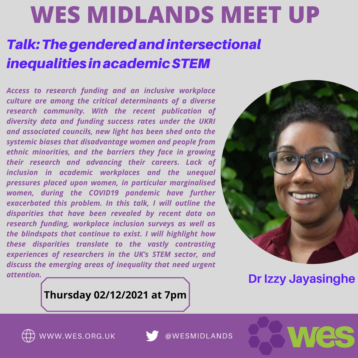 WES1919's tweet photo. Join Dr Izzy Jayasinghe on the 2nd of December at 7pm via MS Teams. https://t.co/ZaK9cfCOMZ as she outlines the disparities that have been revealed by recent data on research funding, workplace inclusion surveys as well as the blind spots that continue to exist.

#STEM #WES https://t.co/ELILMv4Ju3