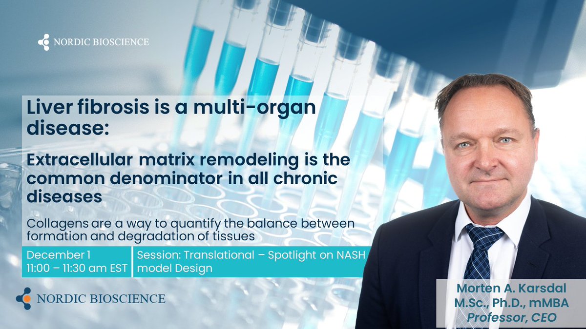Nordic_Bio's tweet photo. At the #NASHSummit, Dr. @karsdal will explain how collagen biomarkers can be used to identify patients with high disease activity and who are therefore more prone to fibrosis progression, and how they can distinguish between liver and cardiovascular events.
#research #pharma https://t.co/7cIHwsYK61
