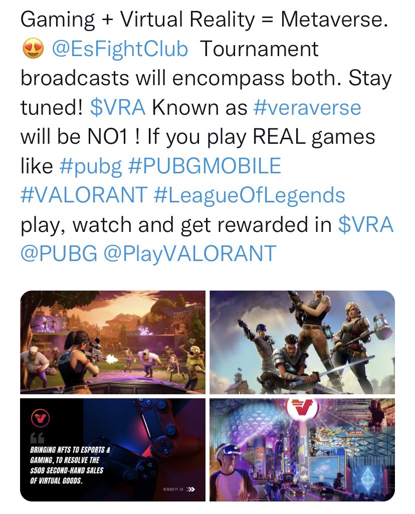 Peteorepeato's tweet photo. It’s undeniable that #gaming #esports #Metaverse crypto’s are the hottest things to invest in currently. Billions of dollars each and every day is being conservative. $VRA will lead this category very soon. Something to think about @coinbase @binance @FTX_Official @HuobiGlobal https://t.co/Hkn59cqrXo