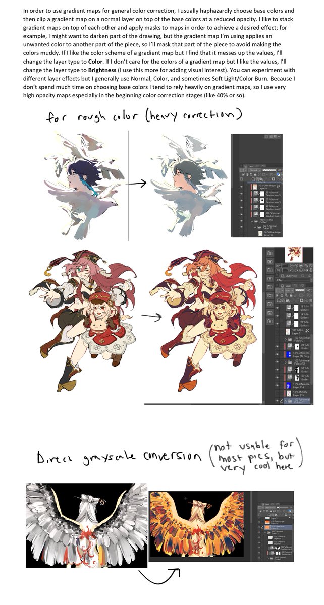 cfeather8's tweet photo. if you have a pretty decent eye for color already but struggle to actually pick harmonious colors, or if you feel that your shading looks too bland, gradient maps are a cheat code/shortcut to correcting your colors. here's some tricks i like to use with gradient maps :) https://t.co/MzYkhI8Nbi