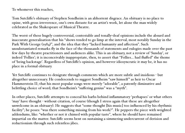 AndyRoom_'s tweet image. My letter to the Guardian, following Tom Sutcliffe’s bitter Sondheim obituary (obitteruary)