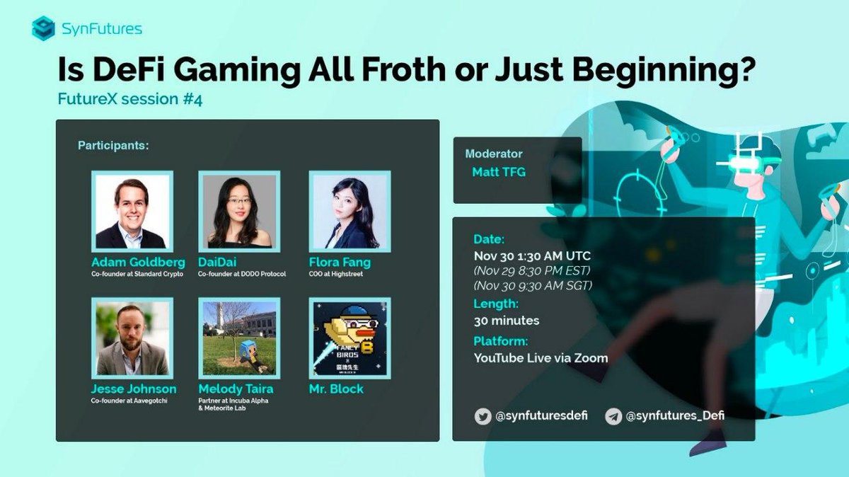 SynFuturesDefi's tweet image. 🔥Join #FutureX 4 at 1:30AM(11/30 UTC) to win a 🎁#GameFi #NFT👉 bit.ly/3cV9Xe9
with
@adamwgoldberg of @standardcrypto
@Diane_0320 of @BreederDodo
@missflora of @highstreetworld
@gldnXross of @aavegotchi
@Melody_Taira of @Incuba_Alpha
@mrblocktw
👀youtube.com/watch?v=Fpp1GP…