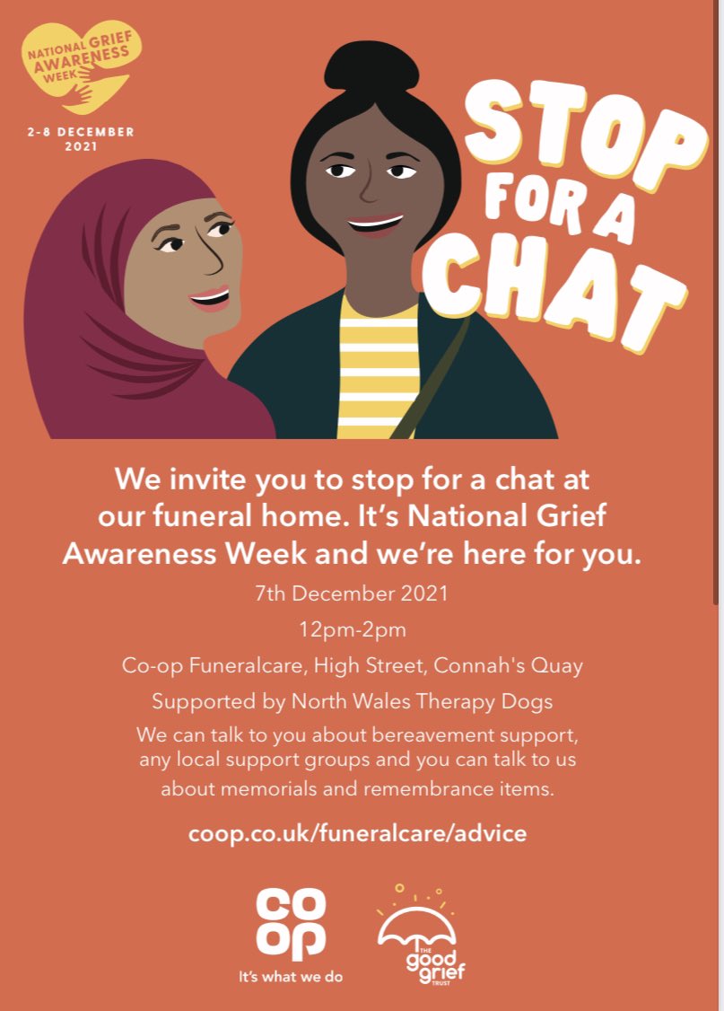 Please RT! It’s been a tough year and we have lost many people. Next Tuesday, we are opening our doors so that anyone who needs support can come in for a coffee, a slice of cake and a chat. We also have North Wales Therapy dogs paying us a visit to offer much needed love ❤️🐾