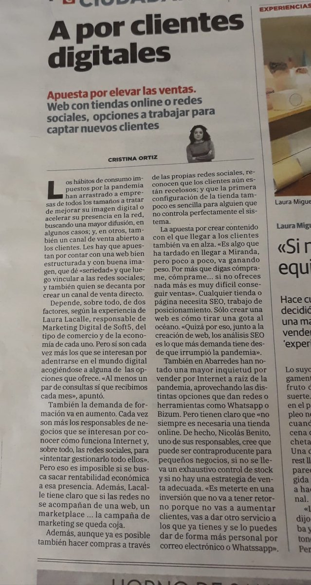 Soft5SL's tweet photo. Ayer salimos en el periódico.
Nuestra especialista en marketing Laura Lacalle habla sobre los negocios en internet desde que comenzó la pandemia.
#elcorreo #MirandadeEbro #soft5 #negociodigital https://t.co/ZRY2fLrXTN