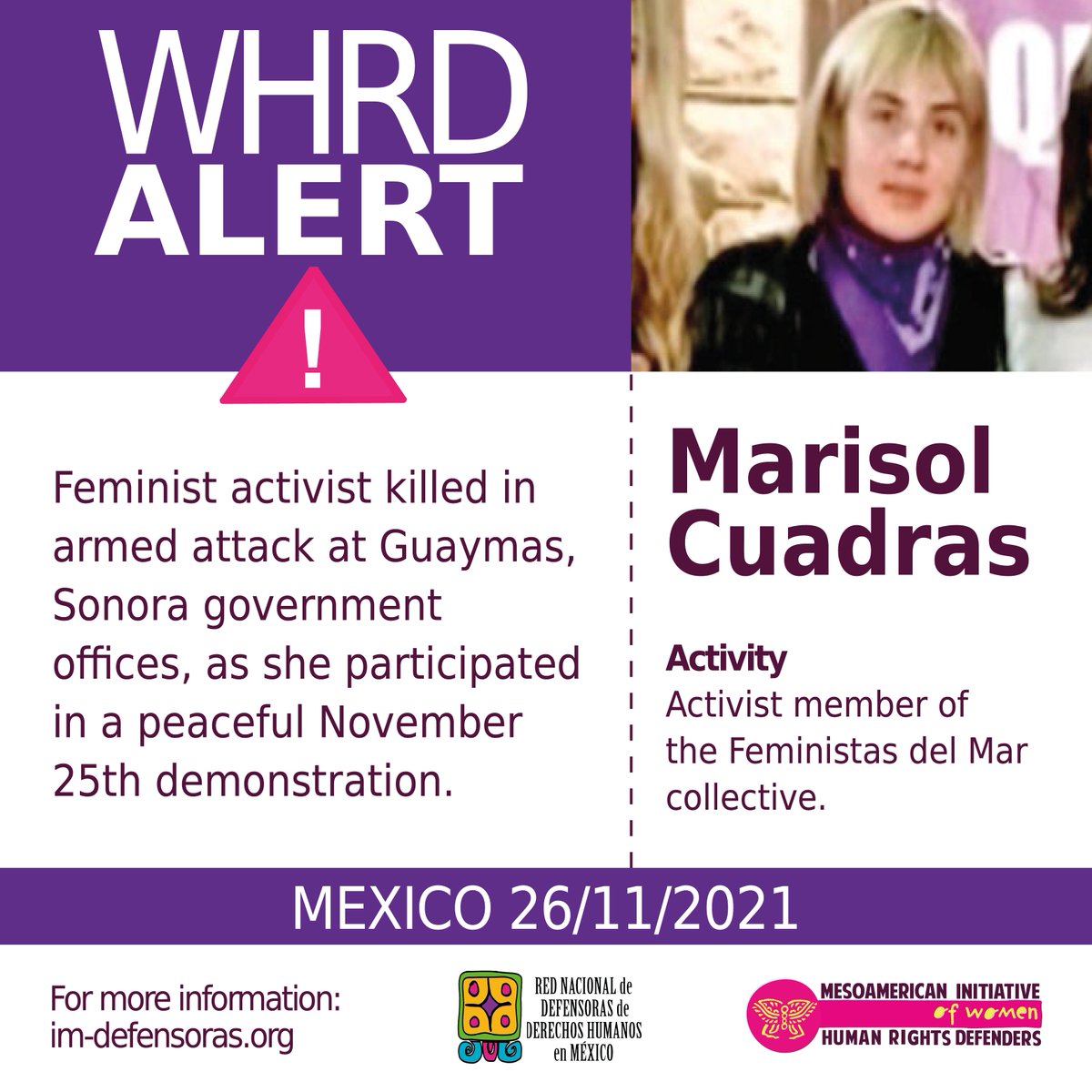 IM_Defensoras's tweet photo. 📢 🚨 ⚠ #WHRDAlert MEXICO / Feminist activist killed in armed attack at Guaymas, Sonora government offices, as she participated in a peaceful #25Nov demonstration.
📌 For more information ➡️ https://t.co/w32HtvIVHS https://t.co/z8OrYRdBCQ