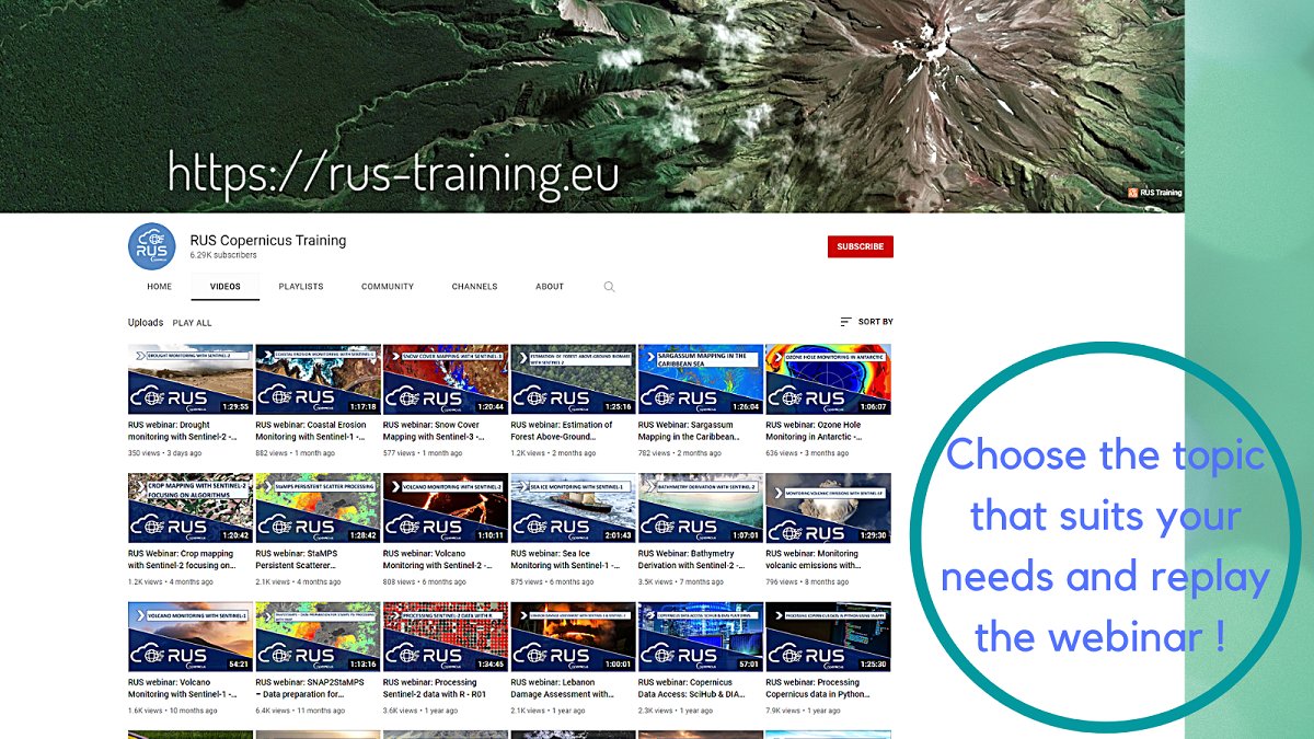 RUS_Copernicus's tweet photo. #DYK that #RUSTraining material is available on our YouTube channel?
Replay as often as you want, all the #RUSWebinars we have produced so far, on topics like:

🌍 Land 
⛵️ Marine
🛰️ Atmosphere

➡️Visit https://t.co/iU9cXKOjAV and pick yours! https://t.co/gQKvdcLdTY