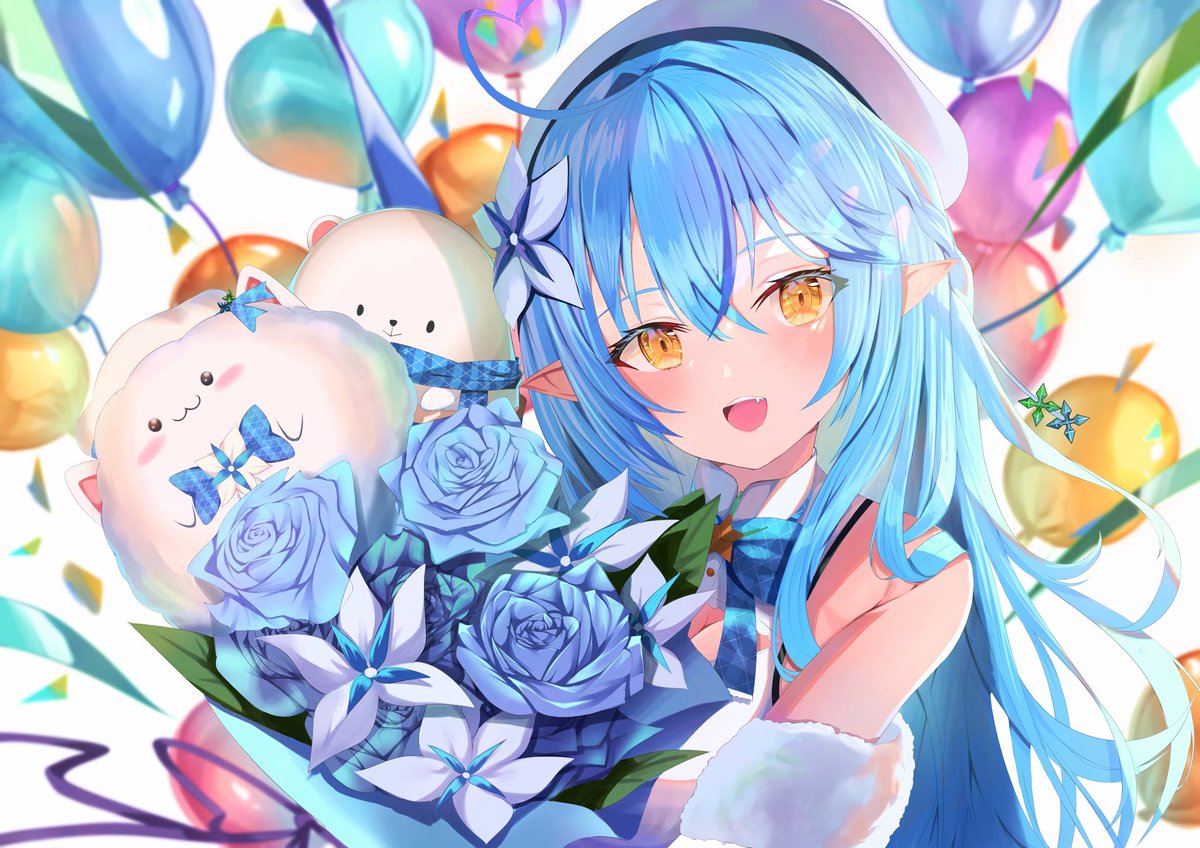 yukihana lamy 1girl blue hair flower balloon pointy ears long hair blue flower  illustration images