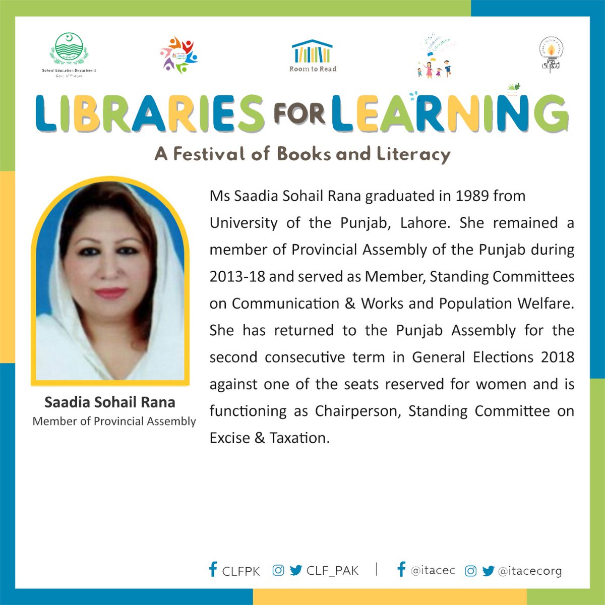 plf_pk's tweet image. MPA Ms. @saadiasohailmpa will join us at Libraries for Learning festival in Lahore

Date: 30 Nov, 2021
Venue: @CLC_Lahore
Time: 9am-2:00pm

childrensliteraturefestival.com/clf-lahore-202…

#PakistanLiteracyProject #CLFLahore @RoomtoRead @SchoolEduPunjab @BaelaJamil