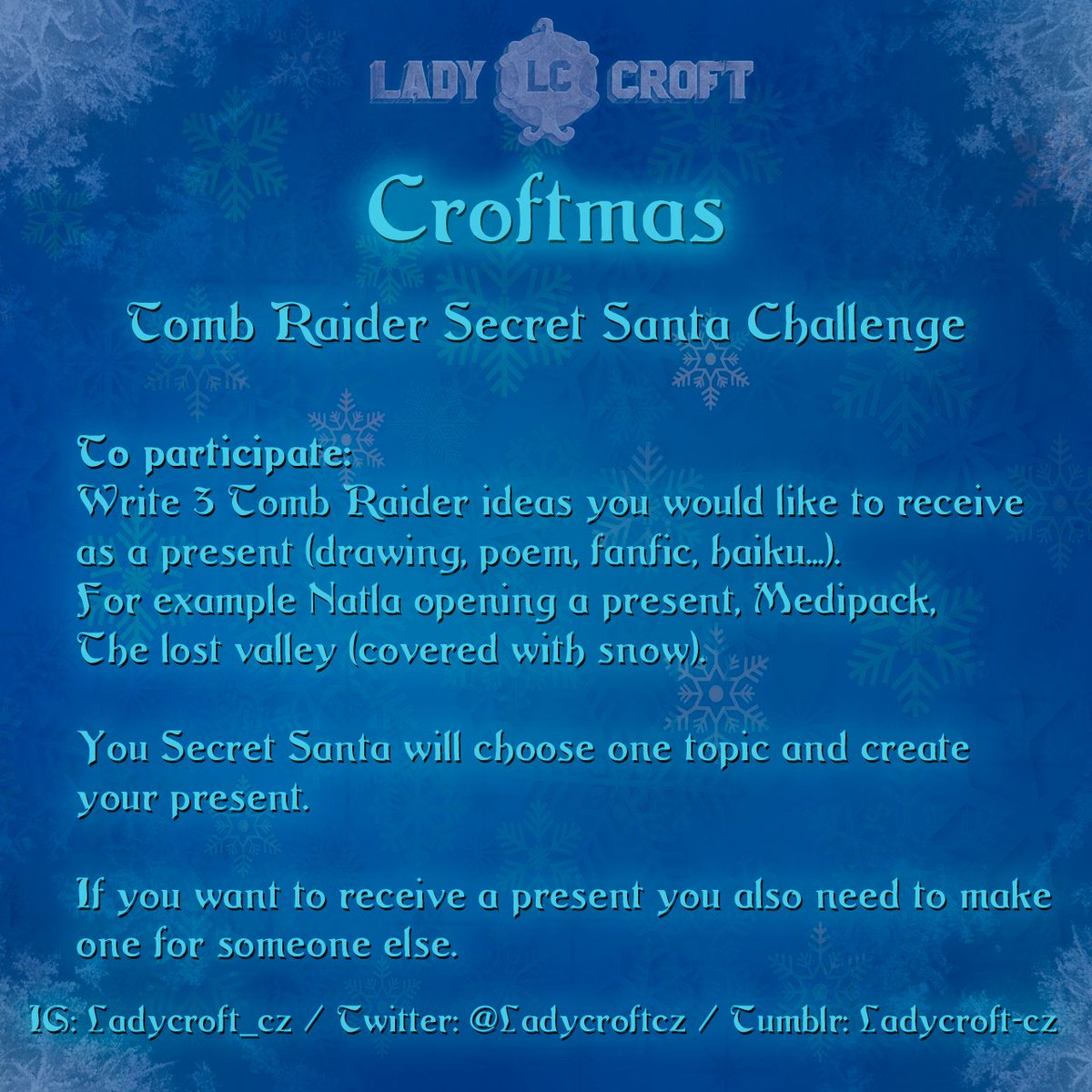 Ladycroftcz's tweet photo. December is slowly approaching, which means we are getting ready for Croftmas!
If you want to join our Secret Santa this year just fill up this form: https://t.co/tnhcxY0t1t
You can join till December 6th ๐
๐๐
#croftmas #tombraider #secretsanta https://t.co/GGvlyt2ILJ