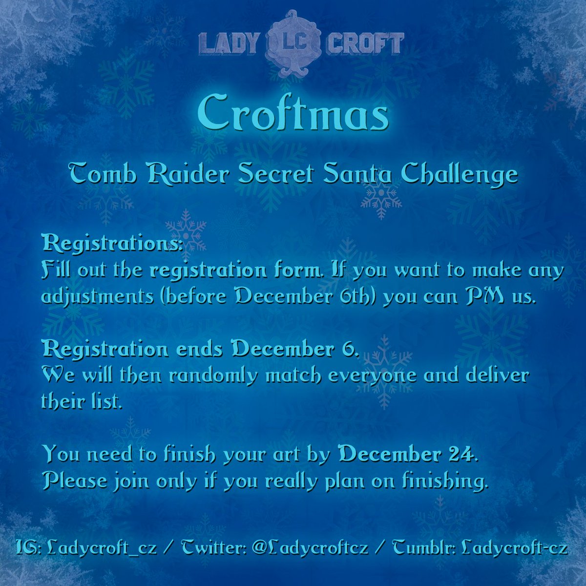 Ladycroftcz's tweet photo. December is slowly approaching, which means we are getting ready for Croftmas!
If you want to join our Secret Santa this year just fill up this form: https://t.co/tnhcxY0t1t
You can join till December 6th ๐
๐๐
#croftmas #tombraider #secretsanta https://t.co/GGvlyt2ILJ
