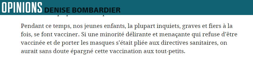 Pat77432407's tweet photo. Madame Bombardier, en Israël, aux États-Unis, à plusieurs endroits en Europe et en janvier en France ils vaccinent les enfants.

Les non-vaccinés n'ont rien à voir dans cette décision de  la CAQ.  Continuez de laver le cerveau des gens de votre génération, c'est désolant. https://t.co/Juqfz20rgS