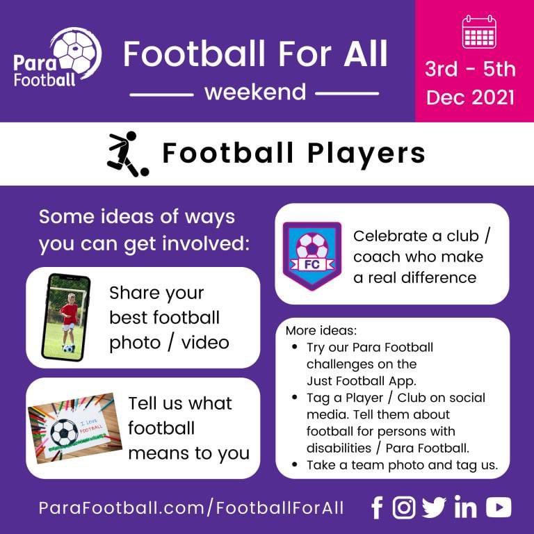 🚨 Football For All weekend 🚨
🗓 3rd - 5th December 🗓

⚽️ Football Players  ⚽️ Let us know about your involvement in football❓

Where do you play❓Why do you play football❓…

Some ideas of how you can get involved in the #FootballForAll weekend: parafootball.com/footballforall