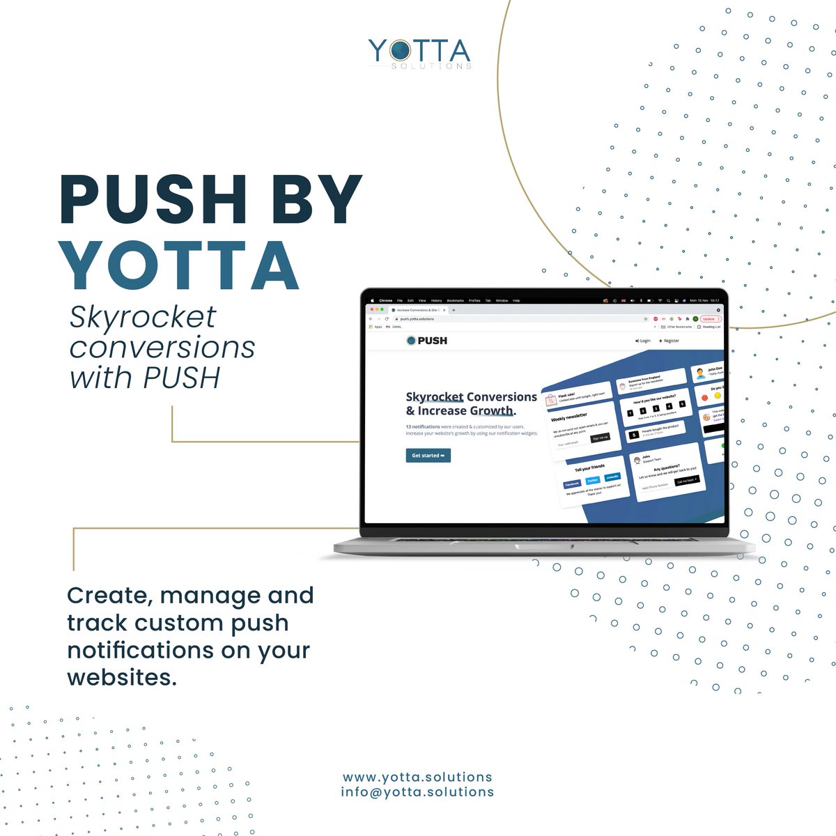 yotta_cc's tweet photo. Push custom engaging notifications to your #websites with #PUSH by Yotta. Choose from 25+ various notifications and easily track the performance and conversion rate of each from one powerful portal.

Learn more at https://t.co/1rNws3sRBA. https://t.co/662MKQCkt8