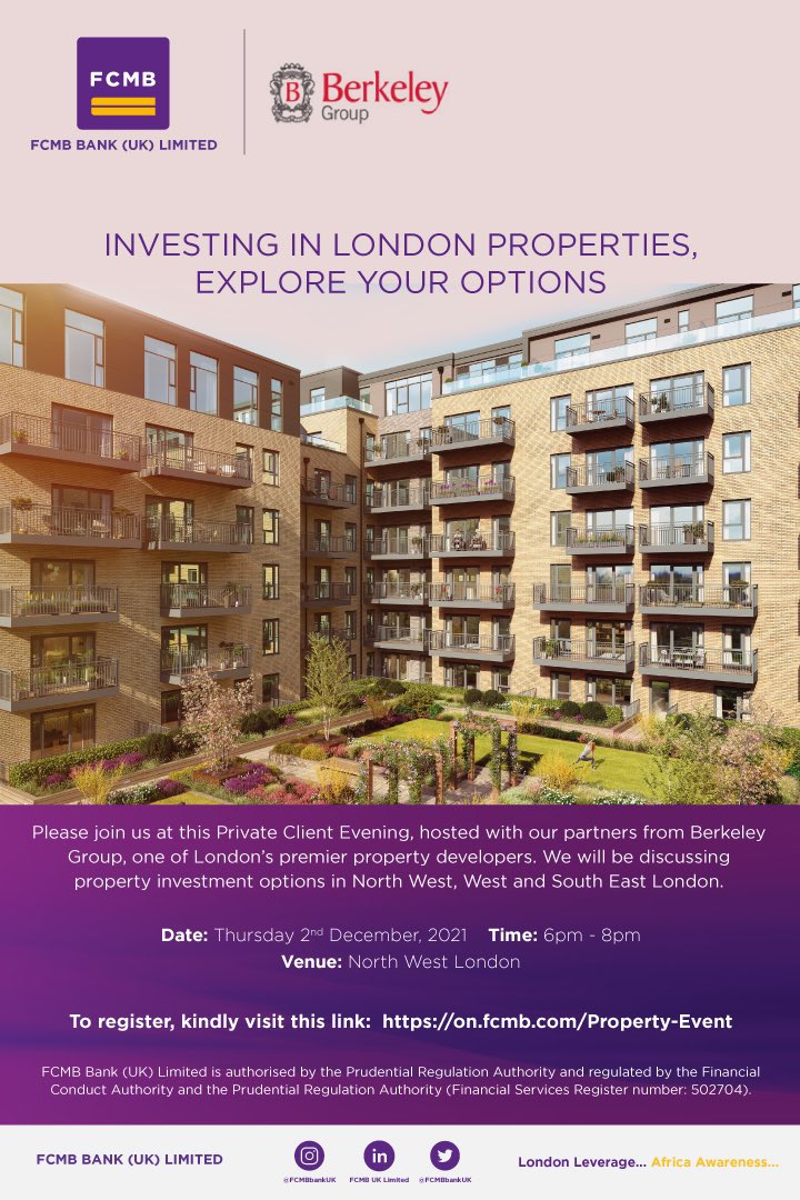 FCMBbankUK's tweet photo. Are you an International investor seeking to take advantage of Property Investment opportunities in London? Register to attend our event at 6pm on Thursday 2nd December, 2021 in Northwest London to achieve your goal.
https://t.co/ikhHHDz6Ct
 
We look forward to welcoming you. https://t.co/pc9tqXTFqf